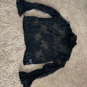 Sheer mock neck black lace flare cuff blouse